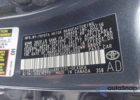 2016 Toyota Corolla S Plus from USA, damaged, VIN 2T1BURHE4GC645008